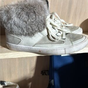 Rebecca Minkoff White and Gray Fur Sneakers